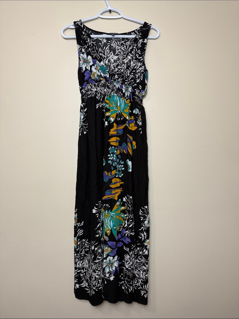 Floral Black Maxi Dress with Teal & Mustard Accents